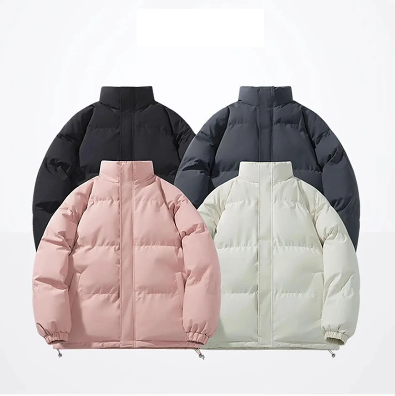 Men's Solid Color Stand Collar Cotton-Padded Casual Warm Zipper Button Parka Coat