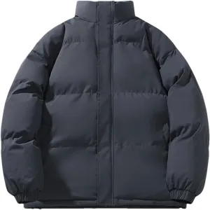 Men's Solid Color Stand Collar Cotton-Padded Casual Warm Zipper Button Parka Coat