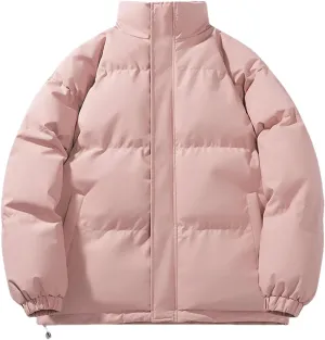 Men's Solid Color Stand Collar Cotton-Padded Casual Warm Zipper Button Parka Coat