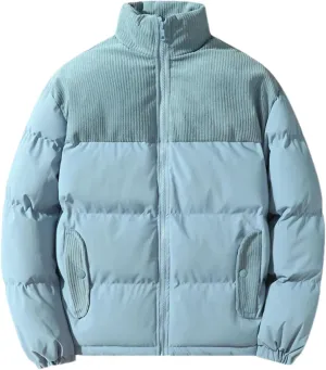 Men's Spliced Corduroy Stand Collar Cotton-Padded Vintage Solid Color Warm Parka Coat