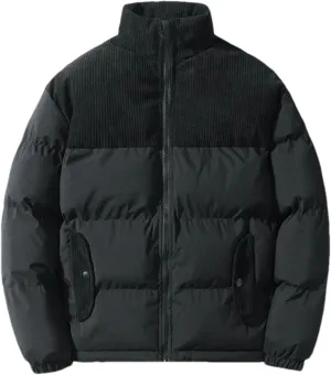 Men's Spliced Corduroy Stand Collar Cotton-Padded Vintage Solid Color Warm Parka Coat