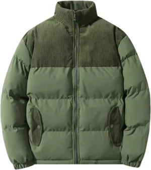 Men's Spliced Corduroy Stand Collar Cotton-Padded Vintage Solid Color Warm Parka Coat