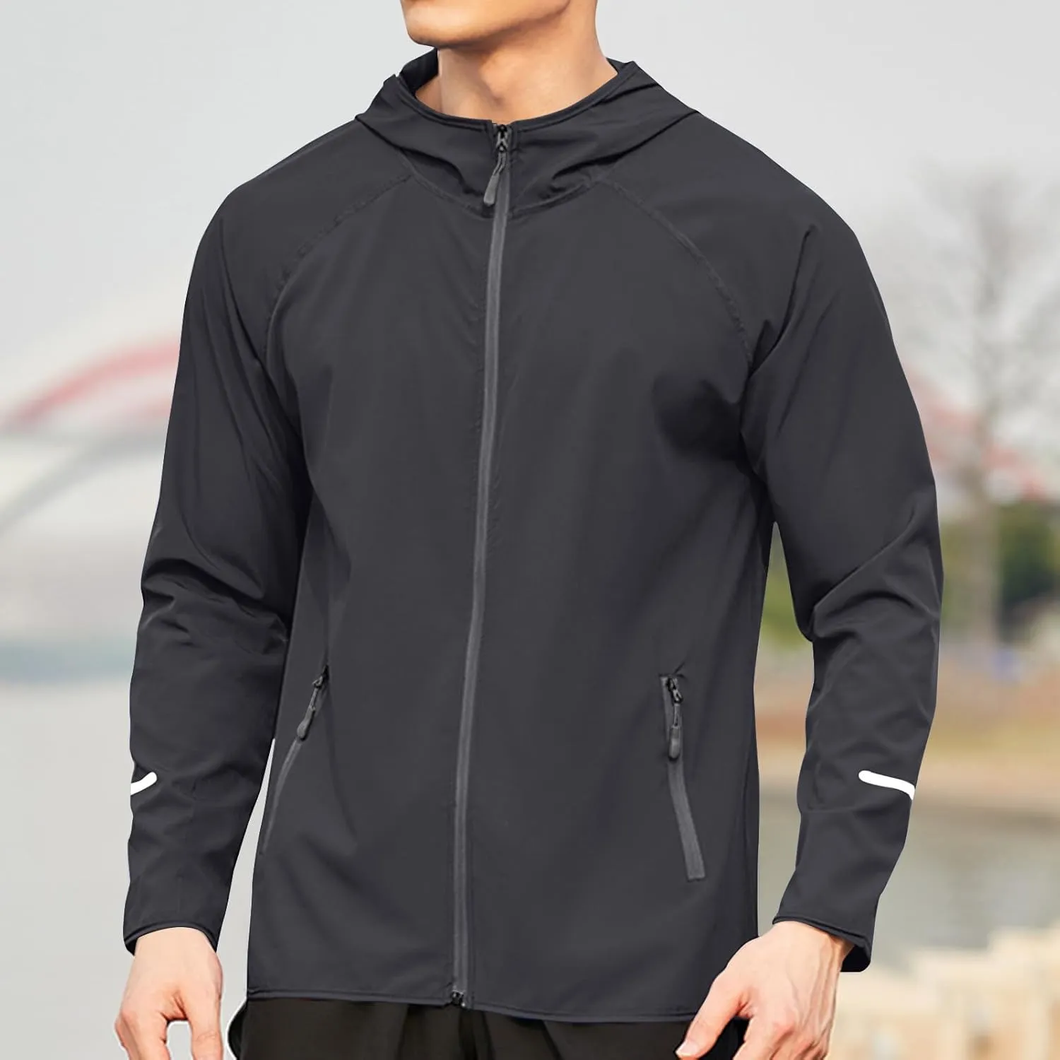 Mens Sport Coat Trendy Solid Color Running Hoodies Long Sleeve Workout Windbreaker Jackets Casual Zip Up Training Tops