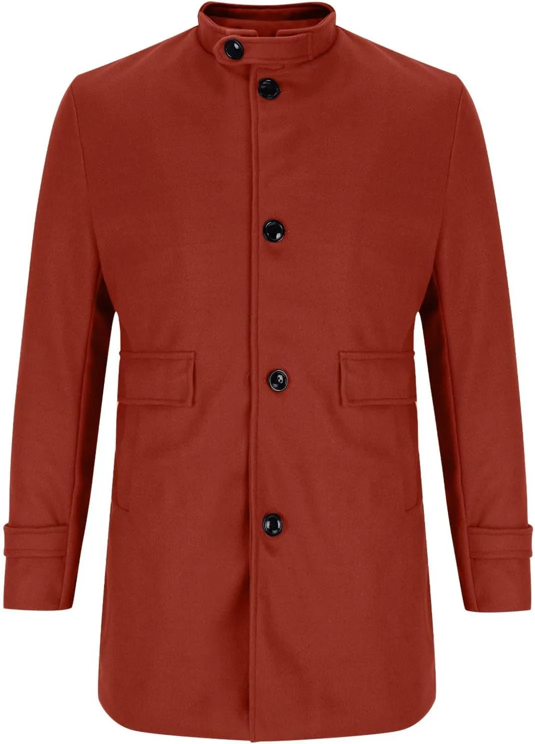 Mens Stand Collar Trench Coat Big and Tall Trench Coat Button Down Woolen Jacket Mid Length Pea Coat with Pockets