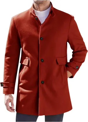 Mens Stand Collar Trench Coat Big and Tall Trench Coat Button Down Woolen Jacket Mid Length Pea Coat with Pockets