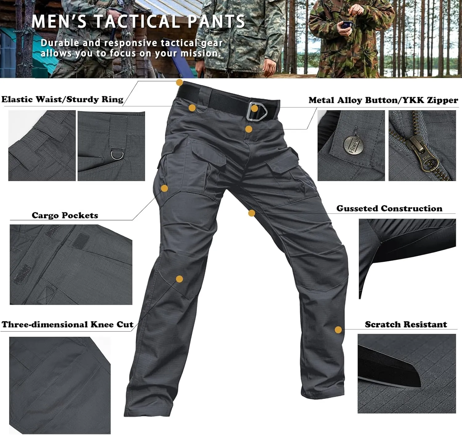 Men's Stretch Tactical Pants Water Resistant Ripstop Cargo Pants Outdoor Lightweight EDC Work Hiking Pants