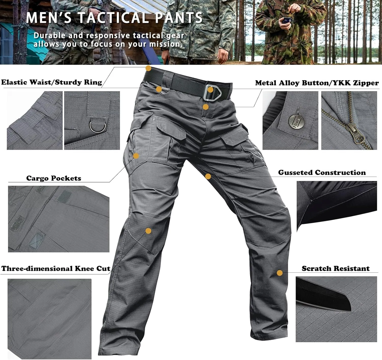 Men's Stretch Tactical Pants Water Resistant Ripstop Cargo Pants Outdoor Lightweight EDC Work Hiking Pants