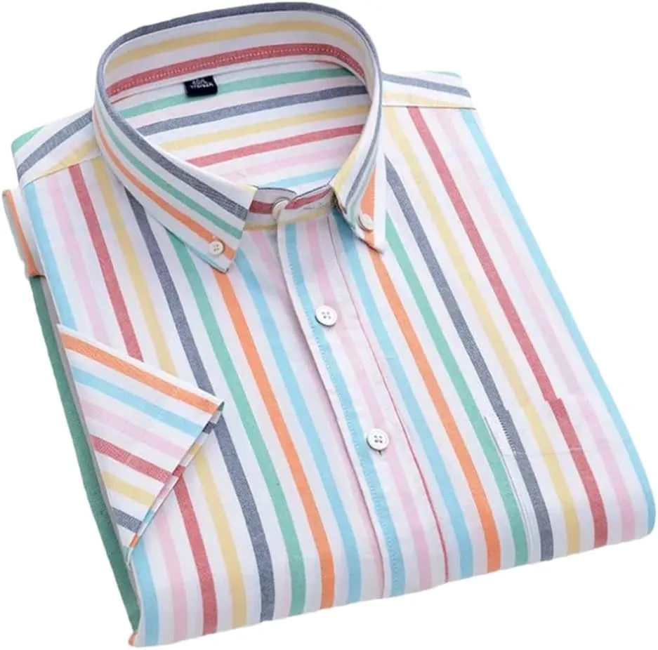 Men's Striped Cotton Shirt Short Sleeve Oxford Plaid Regular Fit Business Casual Shirts