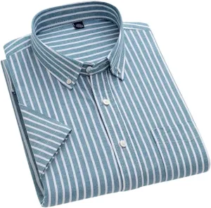 Men's Striped Cotton Shirt Short Sleeve Oxford Plaid Regular Fit Business Casual Shirts