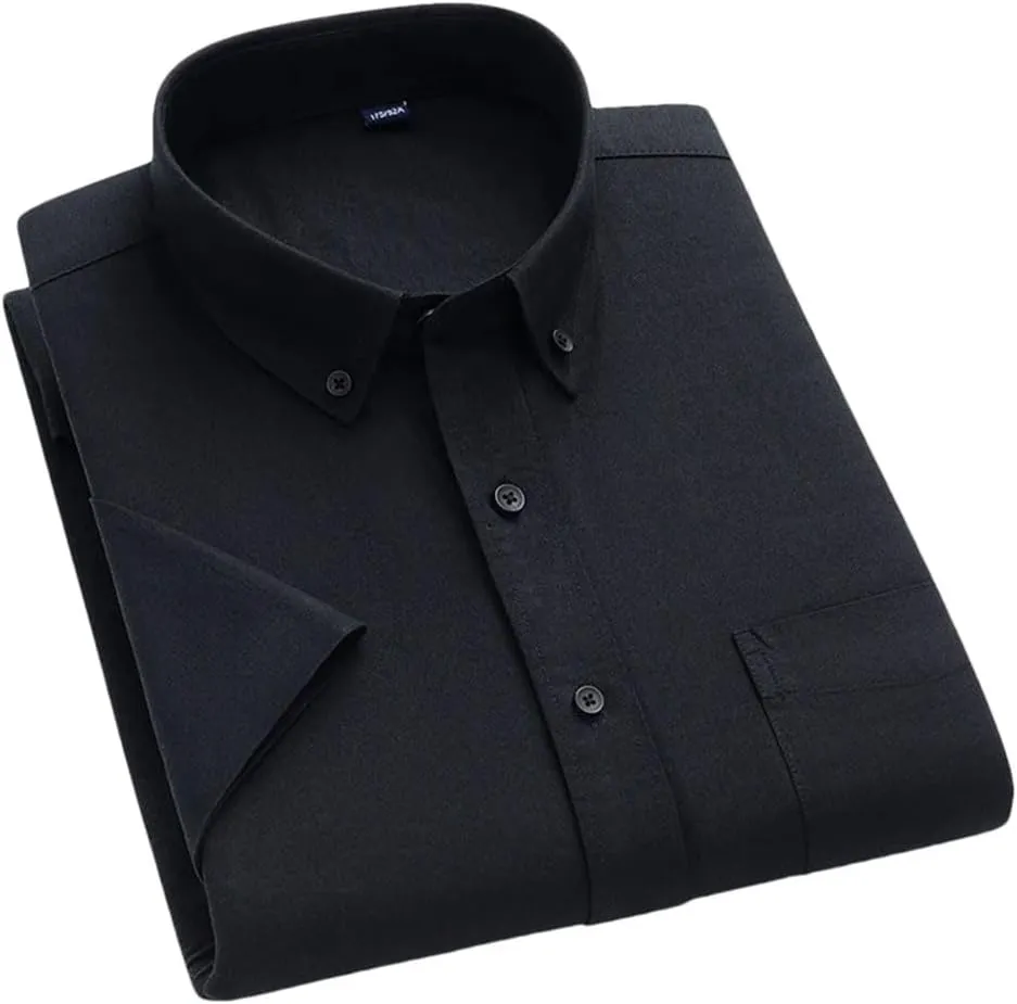 Men's Striped Cotton Shirt Short Sleeve Oxford Plaid Regular Fit Business Casual Shirts