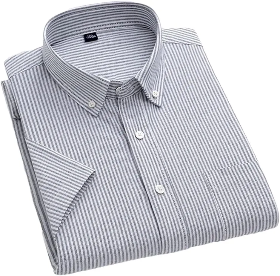 Men's Striped Cotton Shirt Short Sleeve Oxford Plaid Regular Fit Business Casual Shirts