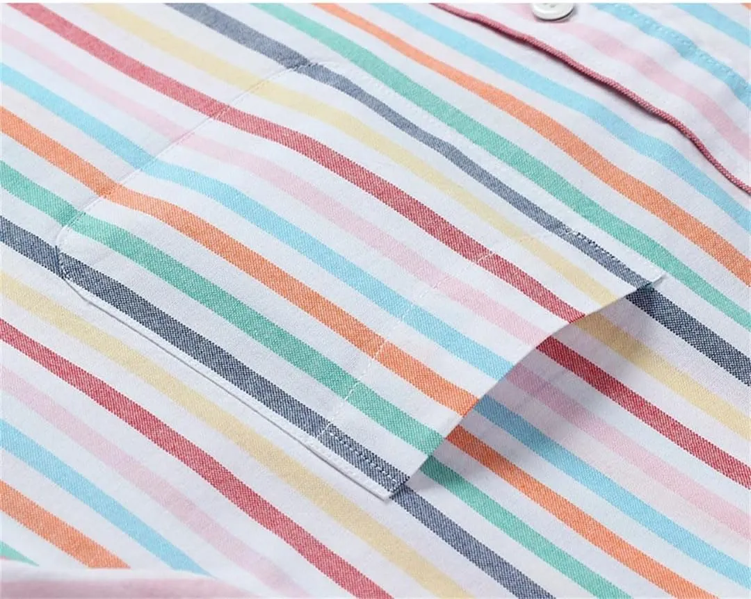 Men's Striped Cotton Shirt Short Sleeve Oxford Plaid Regular Fit Business Casual Shirts