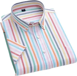 Men's Striped Cotton Shirt Short Sleeve Oxford Plaid Regular Fit Business Casual Shirts