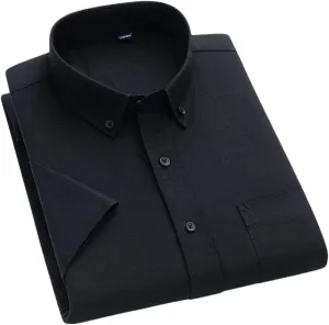 Men's Striped Cotton Shirt Short Sleeve Oxford Plaid Regular Fit Business Casual Shirts
