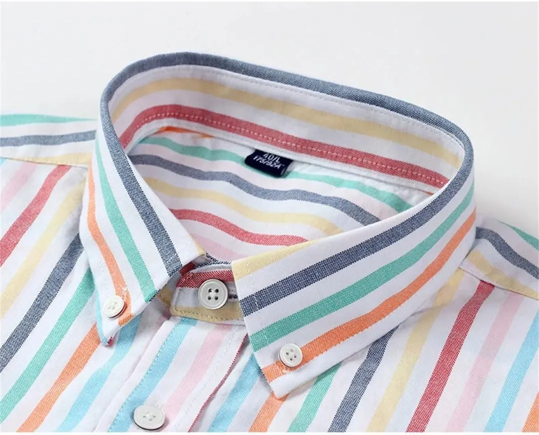 Men's Striped Cotton Shirt Short Sleeve Oxford Plaid Regular Fit Business Casual Shirts