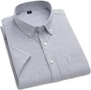 Men's Striped Cotton Shirt Short Sleeve Oxford Plaid Regular Fit Business Casual Shirts