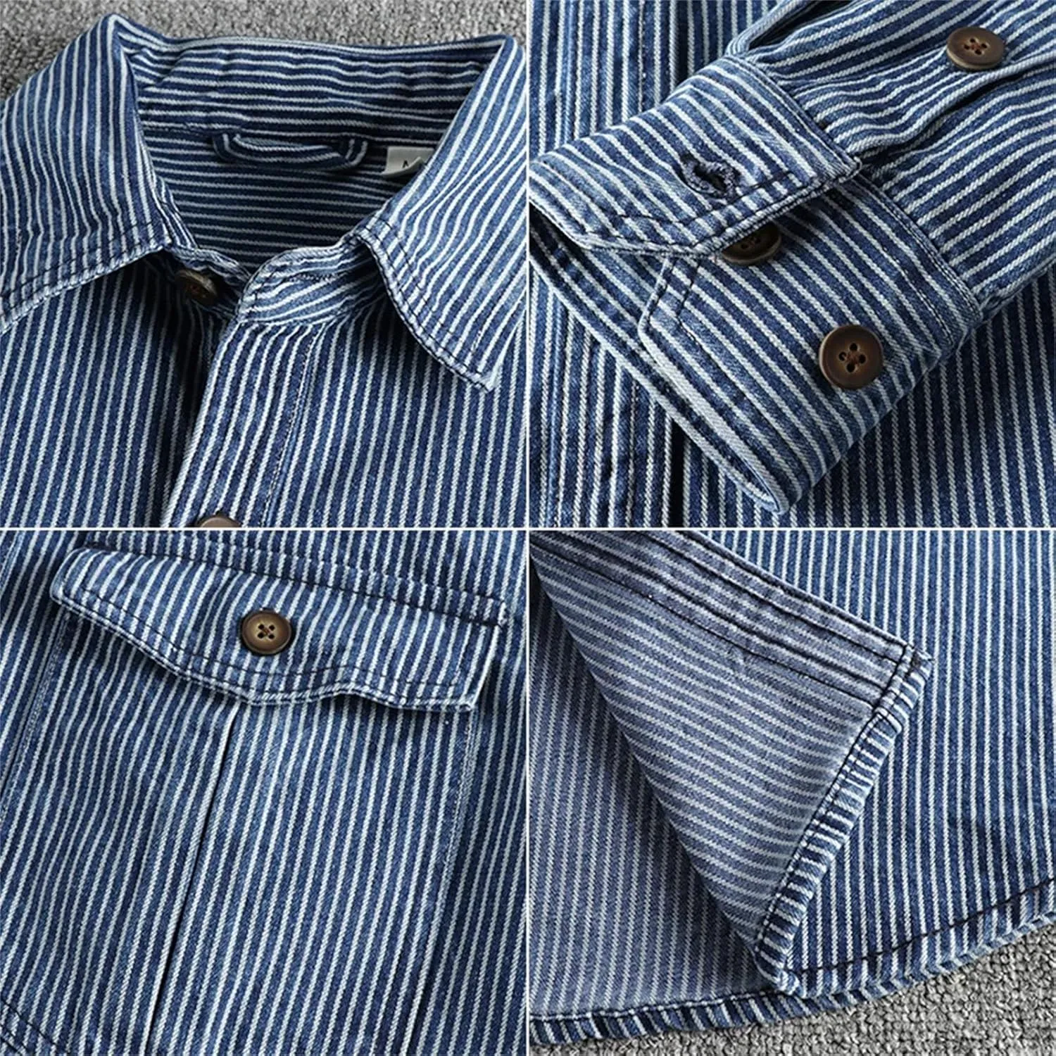 Men's Striped Printing Denim Shirts Washed to Make Old Vintage Cargo Denim Shirt Fashion Casual Shirtcoat