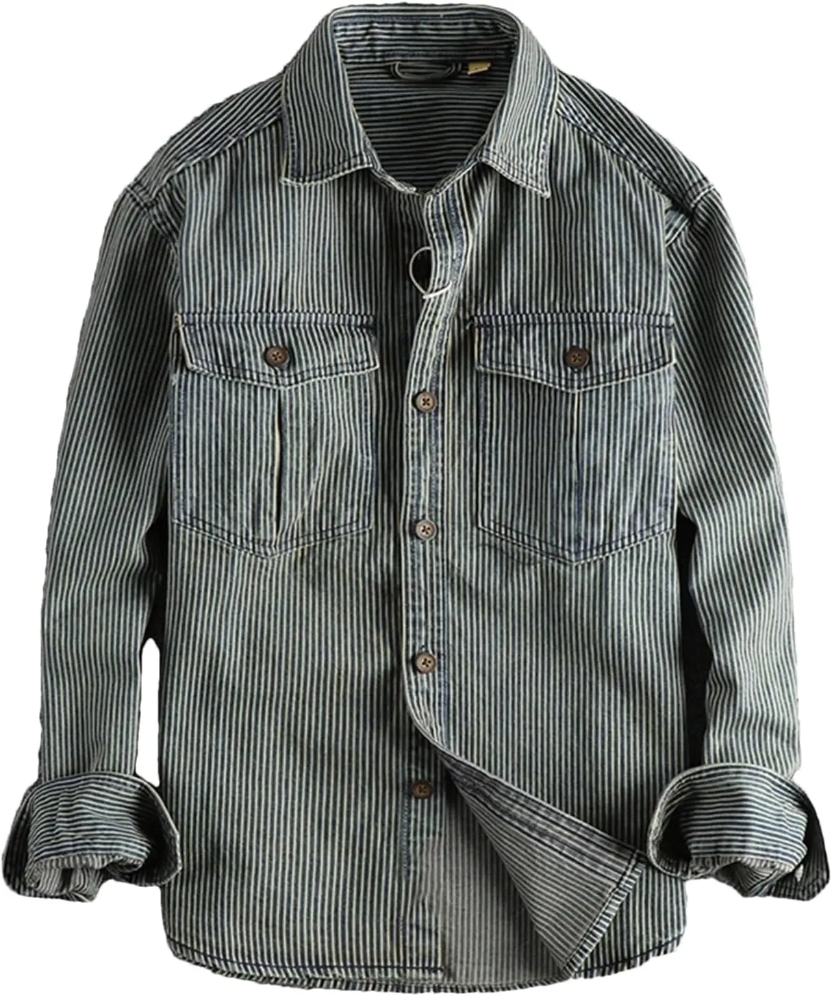 Men's Striped Printing Denim Shirts Washed to Make Old Vintage Cargo Denim Shirt Fashion Casual Shirtcoat