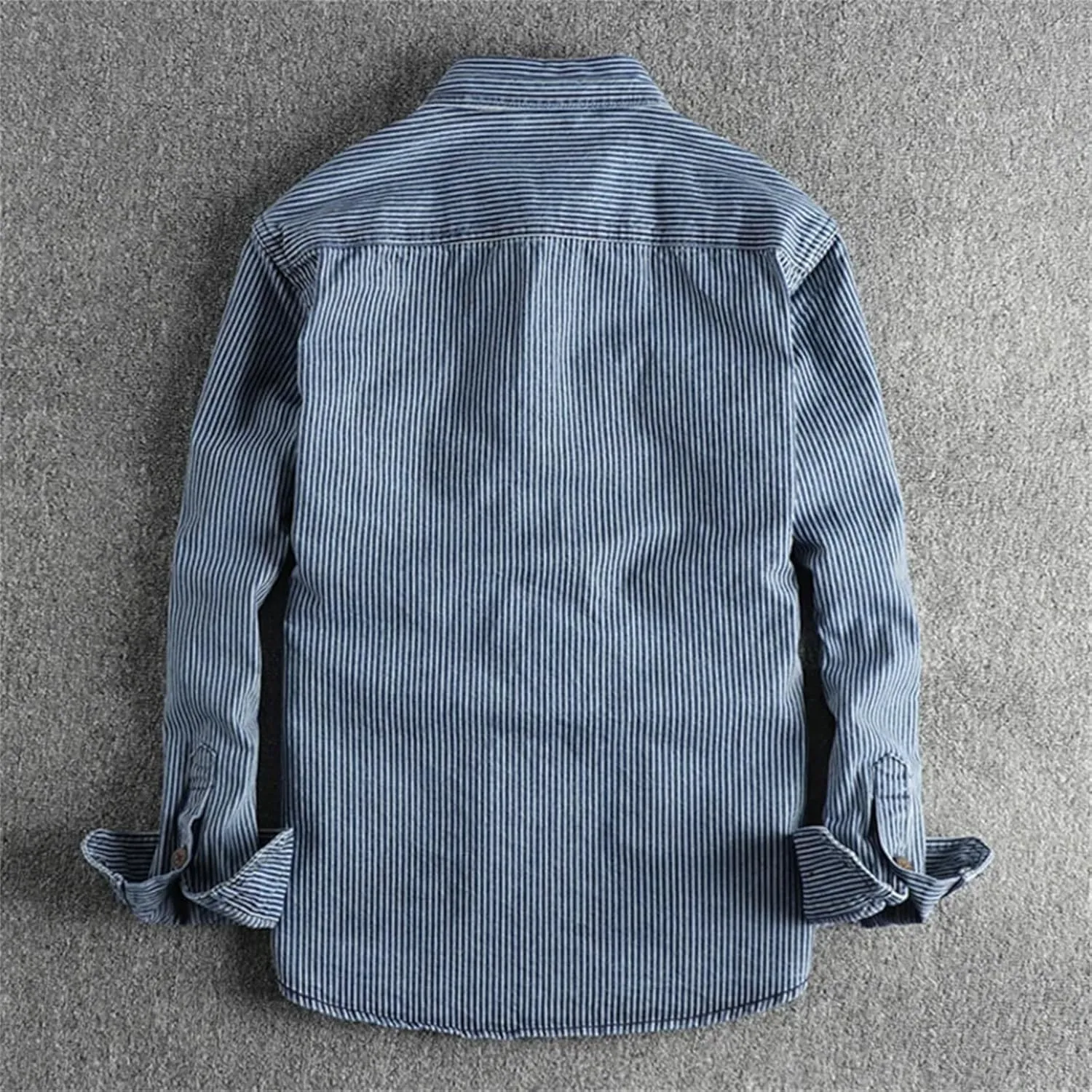 Men's Striped Printing Denim Shirts Washed to Make Old Vintage Cargo Denim Shirt Fashion Casual Shirtcoat