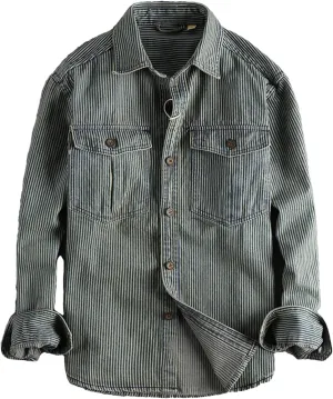 Men's Striped Printing Denim Shirts Washed to Make Old Vintage Cargo Denim Shirt Fashion Casual Shirtcoat