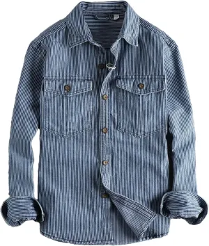 Men's Striped Printing Denim Shirts Washed to Make Old Vintage Cargo Denim Shirt Fashion Casual Shirtcoat