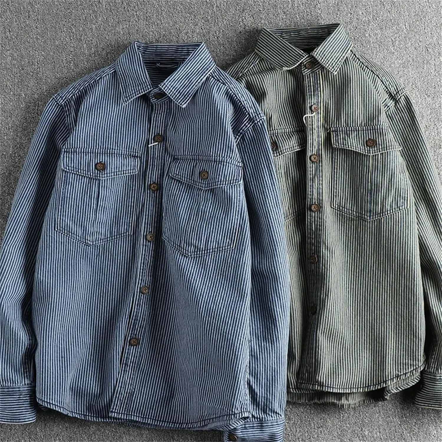 Men's Striped Printing Denim Shirts Washed to Make Old Vintage Cargo Denim Shirt Fashion Casual Shirtcoat