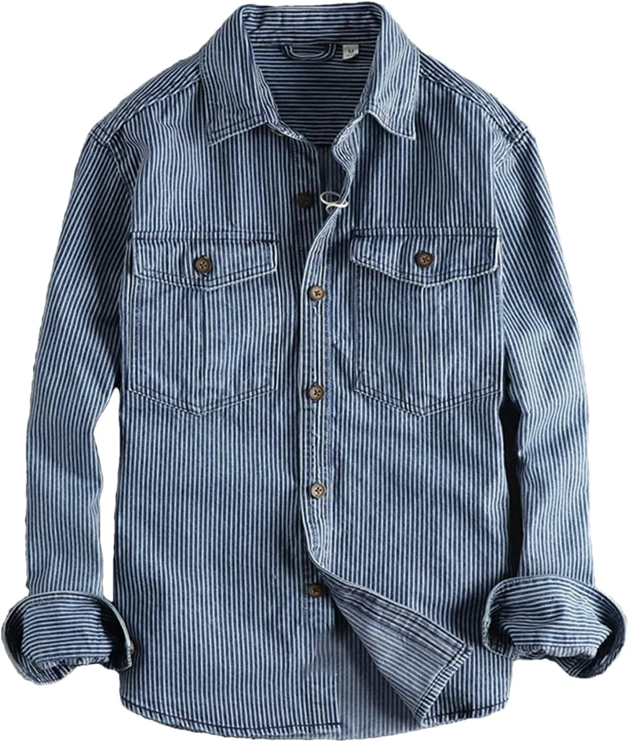 Men's Striped Printing Denim Shirts Washed to Make Old Vintage Cargo Denim Shirt Fashion Casual Shirtcoat