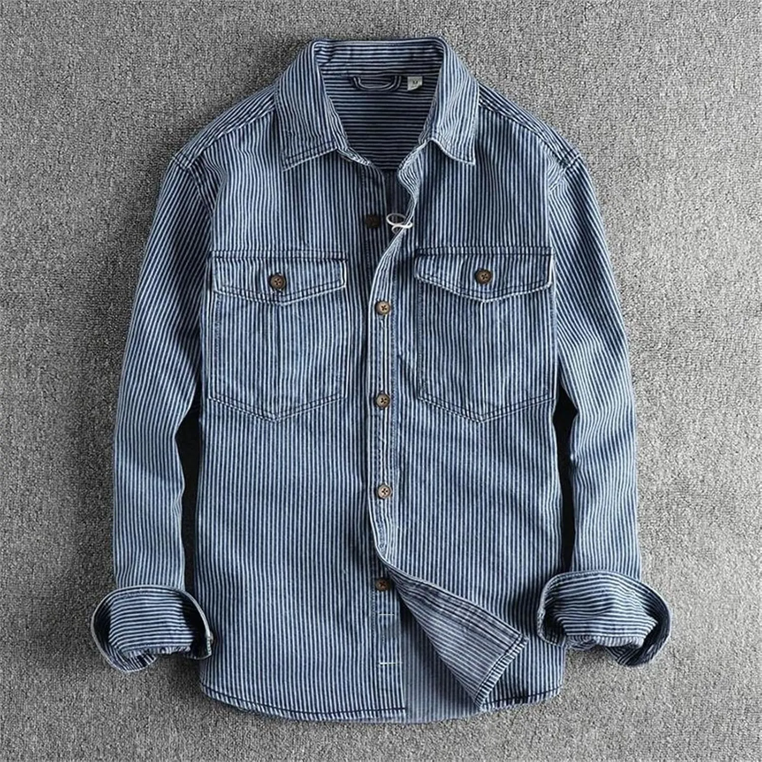 Men's Striped Printing Denim Shirts Washed to Make Old Vintage Cargo Denim Shirt Fashion Casual Shirtcoat