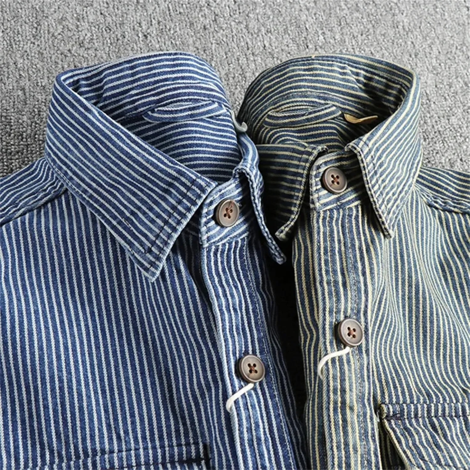 Men's Striped Printing Denim Shirts Washed to Make Old Vintage Cargo Denim Shirt Fashion Casual Shirtcoat