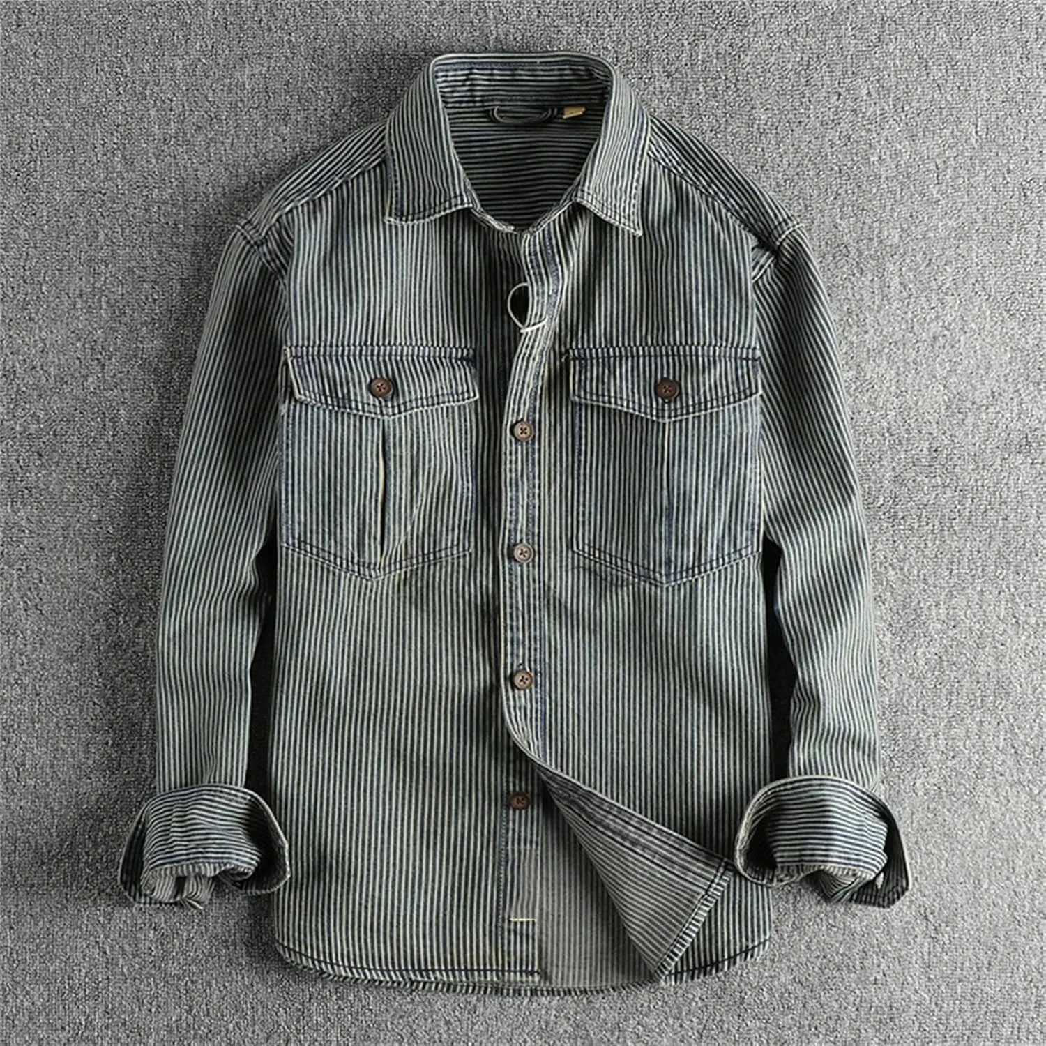 Men's Striped Printing Denim Shirts Washed to Make Old Vintage Cargo Denim Shirt Fashion Casual Shirtcoat