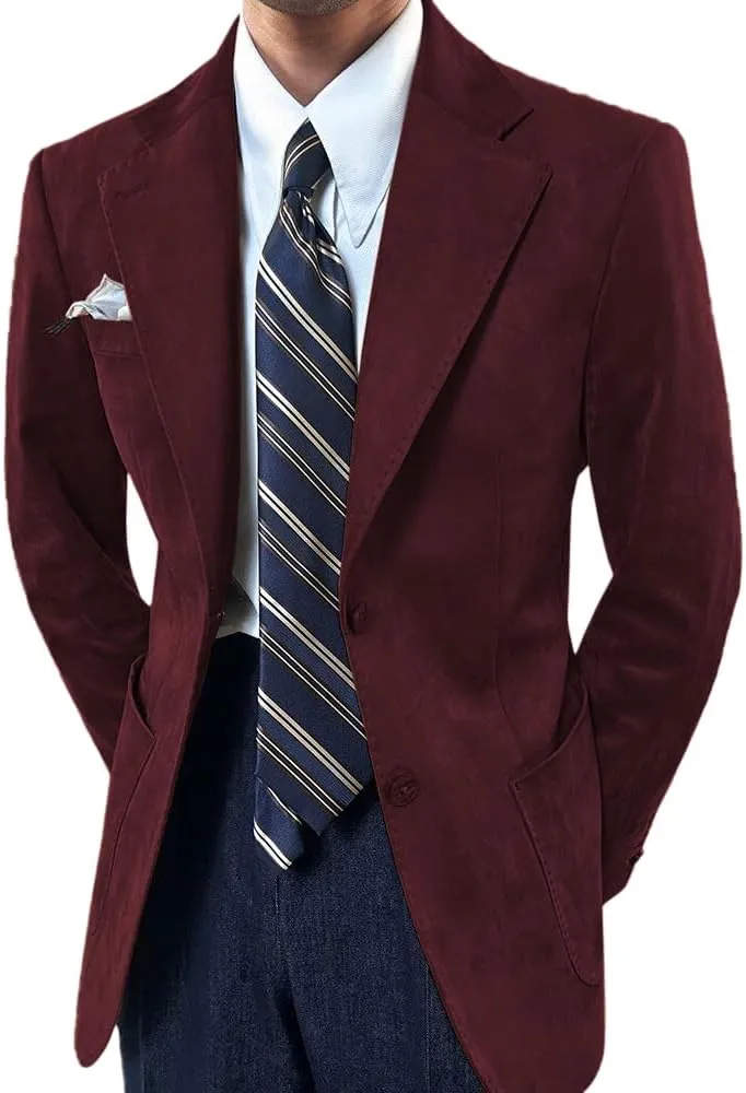 Mens Suede Blazer Classic Suit Jacket 2 Buttons Suede Faux Leather Sport Blazer Coat