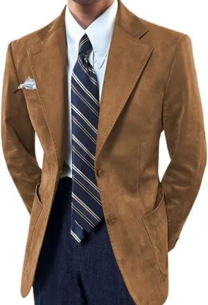 Mens Suede Blazer Classic Suit Jacket 2 Buttons Suede Faux Leather Sport Blazer Coat