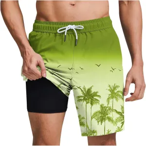 Men's Swim Trunks with Compression Liner 7 Inch Inseam Board Shorts 2 in 1 Quick-Dry Bathing Suits Hawaii Beach Shorts