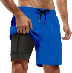 Mens Swim Trunks with Compression Liner Elastic Waist Quick Dry Beach Shorts Stretch Summer Pockets Bathing Suit