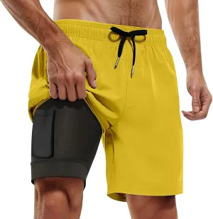 Mens Swim Trunks with Compression Liner Elastic Waist Quick Dry Beach Shorts Stretch Summer Pockets Bathing Suit