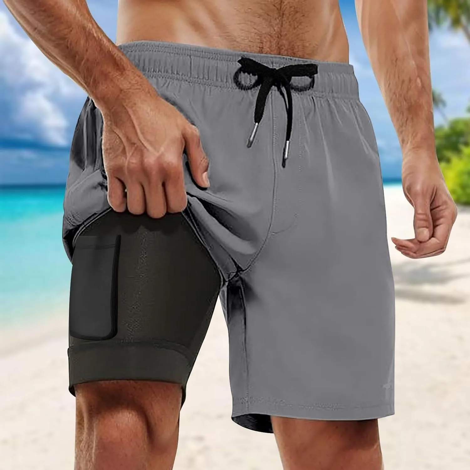 Mens Swim Trunks with Compression Liner Elastic Waist Quick Dry Beach Shorts Stretch Summer Pockets Bathing Suit