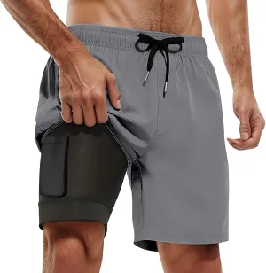 Mens Swim Trunks with Compression Liner Elastic Waist Quick Dry Beach Shorts Stretch Summer Pockets Bathing Suit