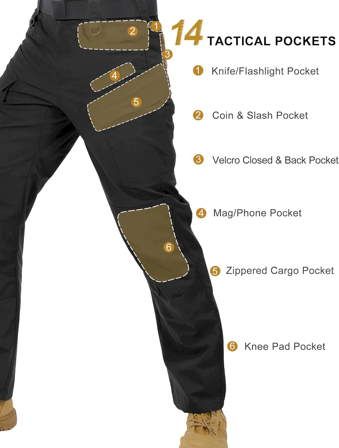 Men's Tactical Pants Stretch Ripstop with 14 Multi Pockets Water Resistant Gusseted Work Cargo Pants