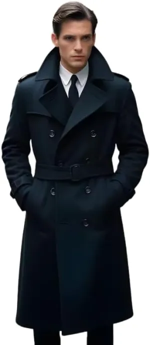 Men's Trench Coat Black Wool Blend Slim fit Belted Designer Winter Long Coat