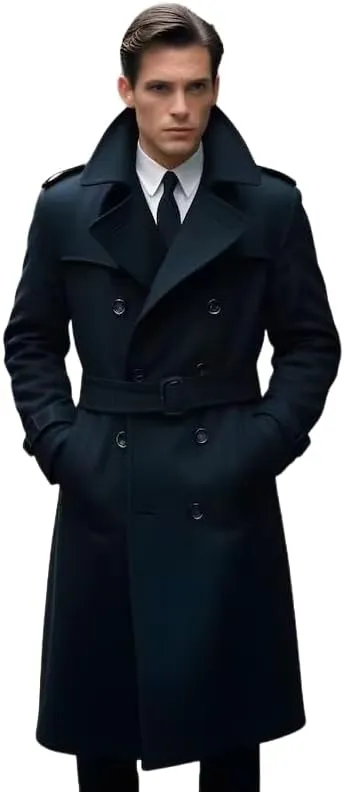 Men's Trench Coat Black Wool Blend Slim fit Belted Designer Winter Long Coat