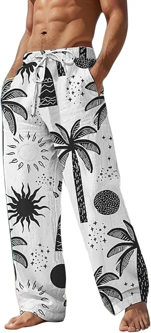 Men's Wide Leg Hawaiian Seaside Pants Casual Coconut Tree Pattern Yoga Beach Trousers Loose Fit Harem Joggers Pants