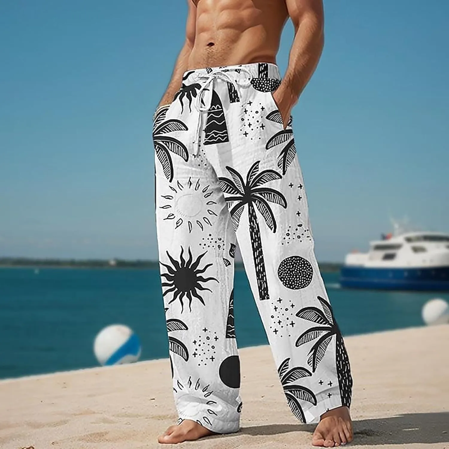 Men's Wide Leg Hawaiian Seaside Pants Casual Coconut Tree Pattern Yoga Beach Trousers Loose Fit Harem Joggers Pants