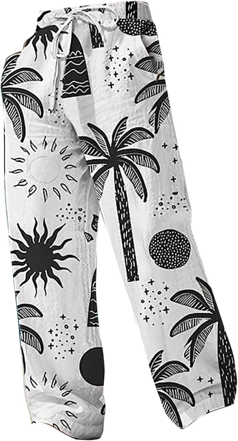 Men's Wide Leg Hawaiian Seaside Pants Casual Coconut Tree Pattern Yoga Beach Trousers Loose Fit Harem Joggers Pants