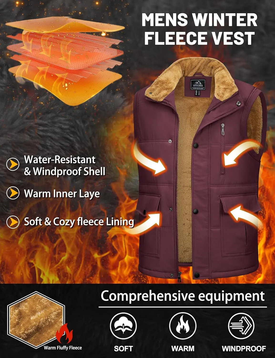 Men's Winter Vests Warm Fleece Lined Sleeveless Jackets Casual Outerwear Stand Collar Padded Coat