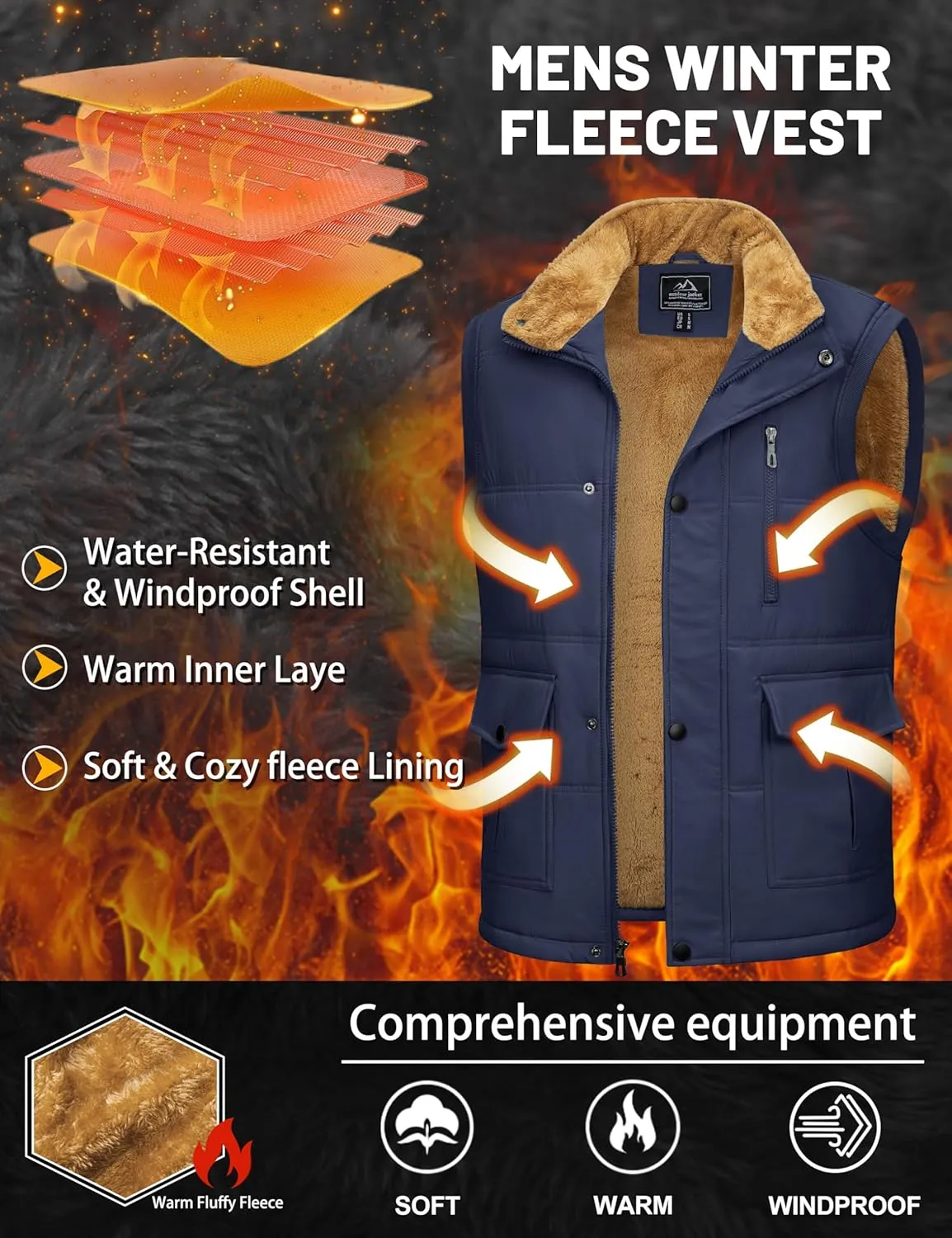 Men's Winter Vests Warm Fleece Lined Sleeveless Jackets Casual Outerwear Stand Collar Padded Coat