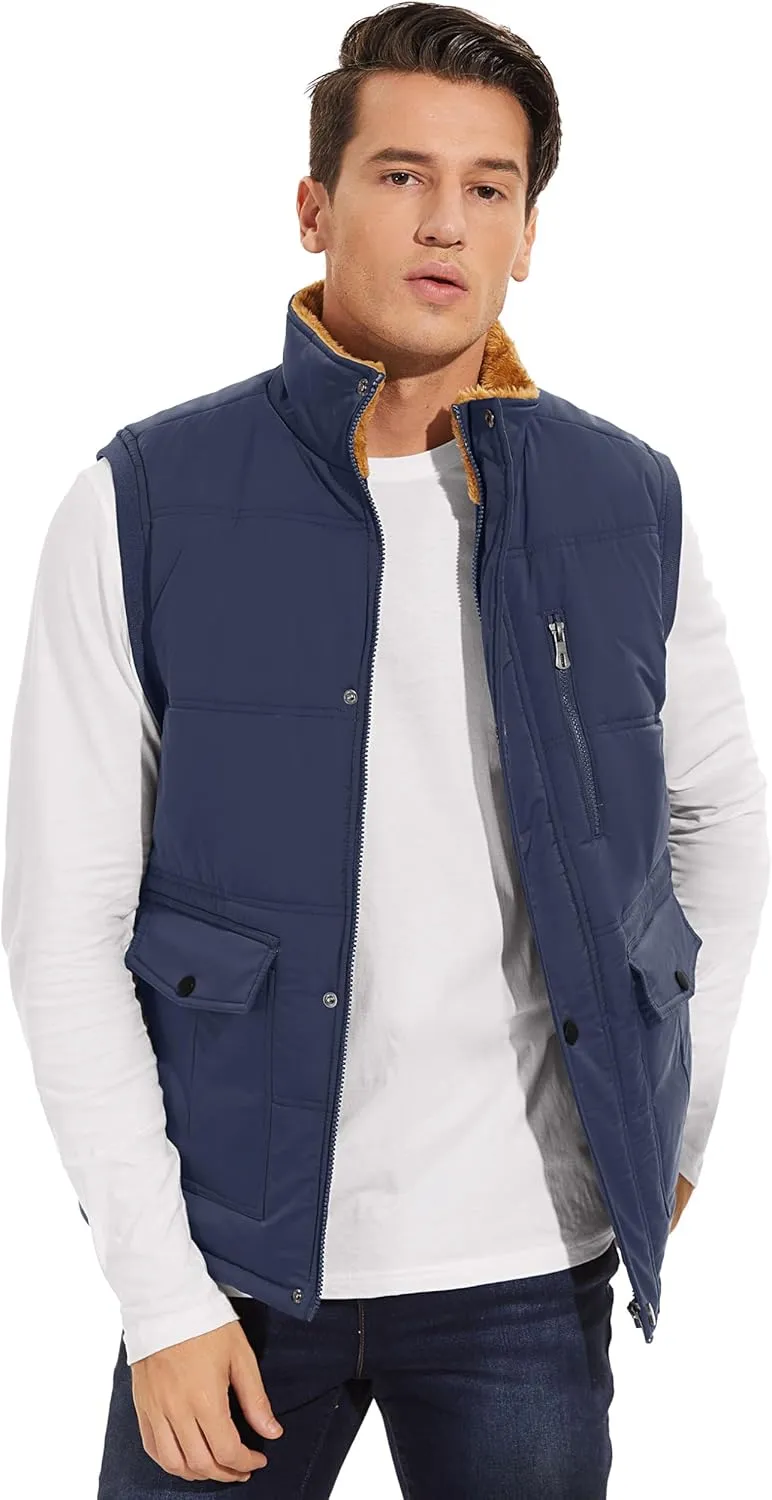 Men's Winter Vests Warm Fleece Lined Sleeveless Jackets Casual Outerwear Stand Collar Padded Coat