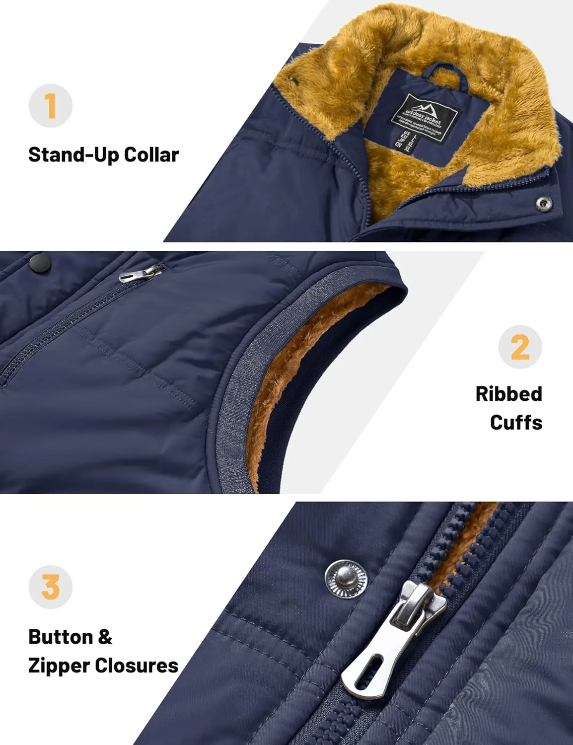 Men's Winter Vests Warm Fleece Lined Sleeveless Jackets Casual Outerwear Stand Collar Padded Coat
