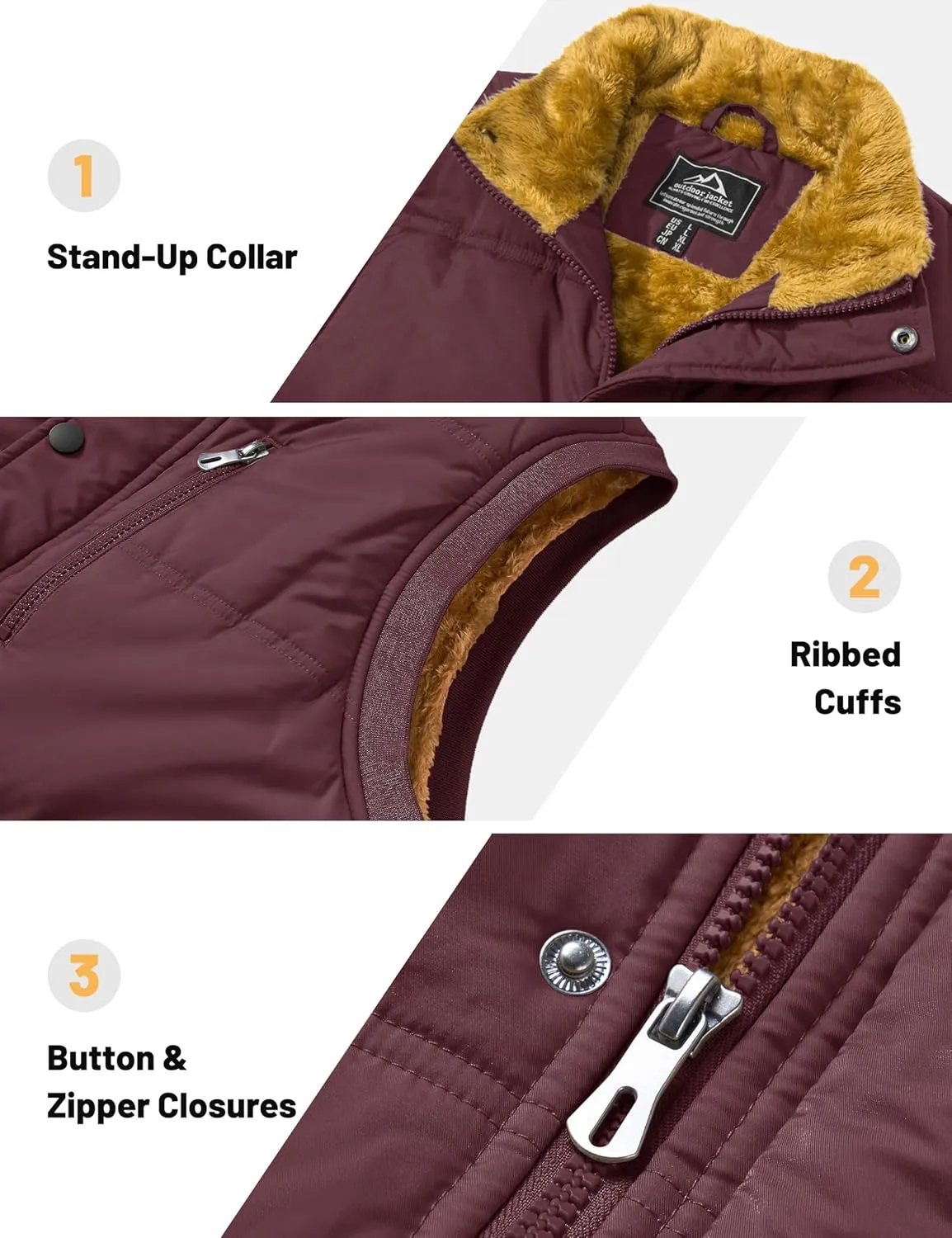 Men's Winter Vests Warm Fleece Lined Sleeveless Jackets Casual Outerwear Stand Collar Padded Coat