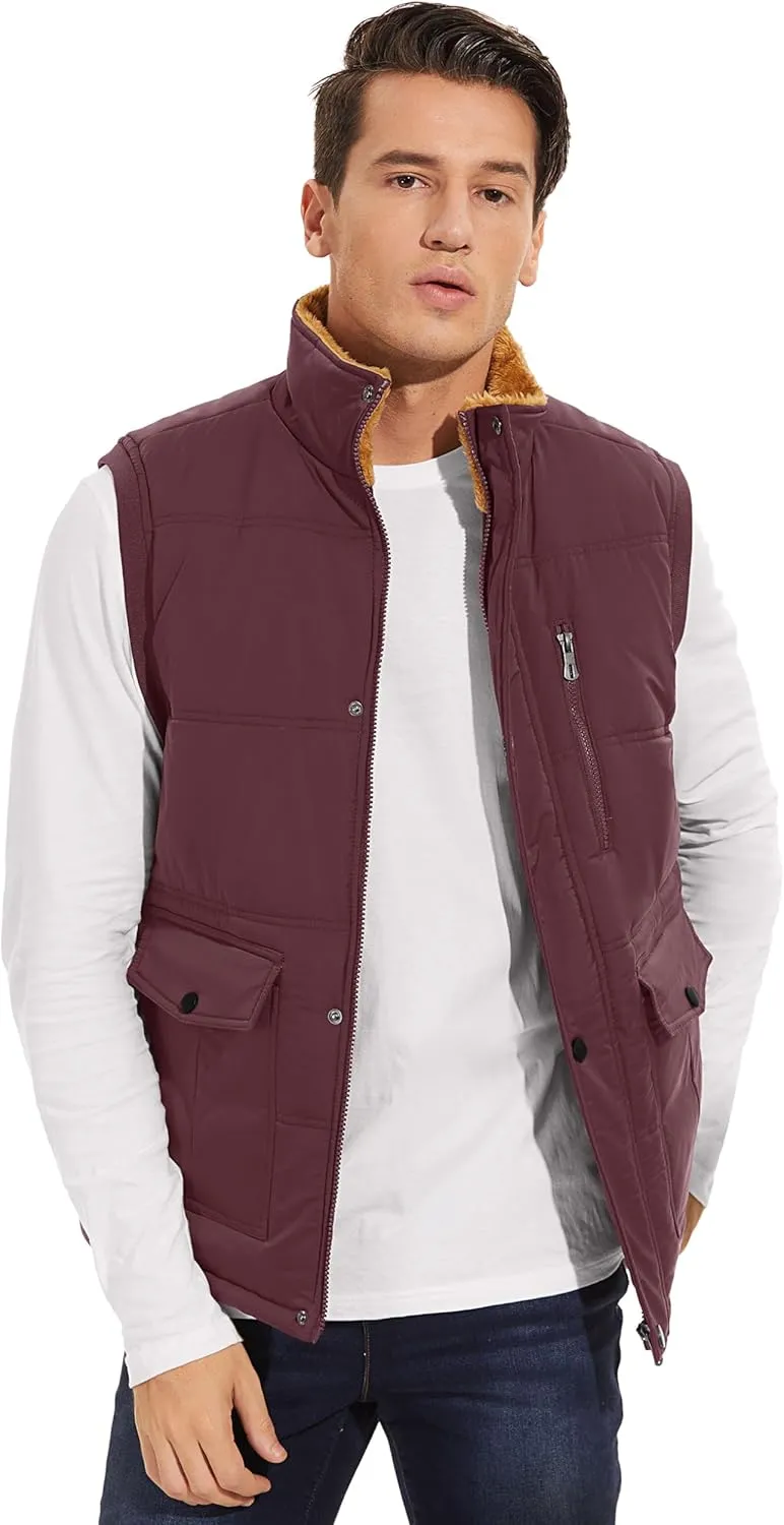 Men's Winter Vests Warm Fleece Lined Sleeveless Jackets Casual Outerwear Stand Collar Padded Coat