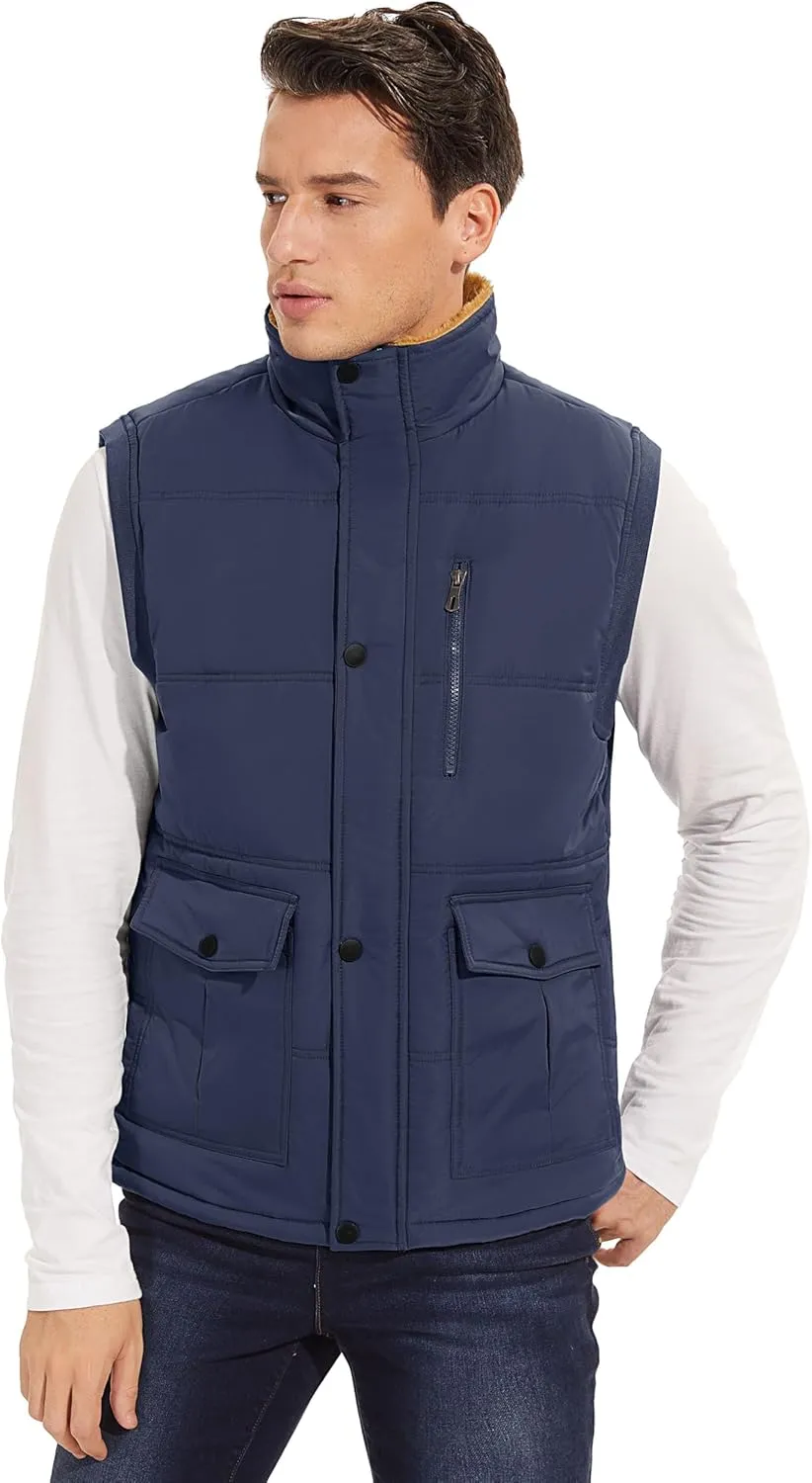 Men's Winter Vests Warm Fleece Lined Sleeveless Jackets Casual Outerwear Stand Collar Padded Coat